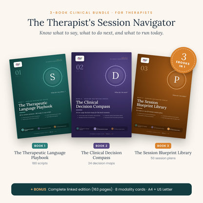 The Therapist's Session Navigator – 3-Book Clinical Bundle | 180 Therapy Scripts, 24 Decision Maps & 50 Session Plans | Clickable PDF