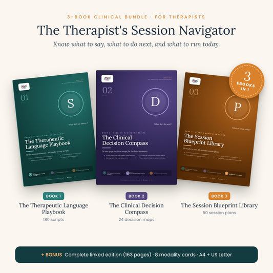 The Therapist's Session Navigator – 3-Book Clinical Bundle | 180 Therapy Scripts, 24 Decision Maps & 50 Session Plans | Clickable PDF