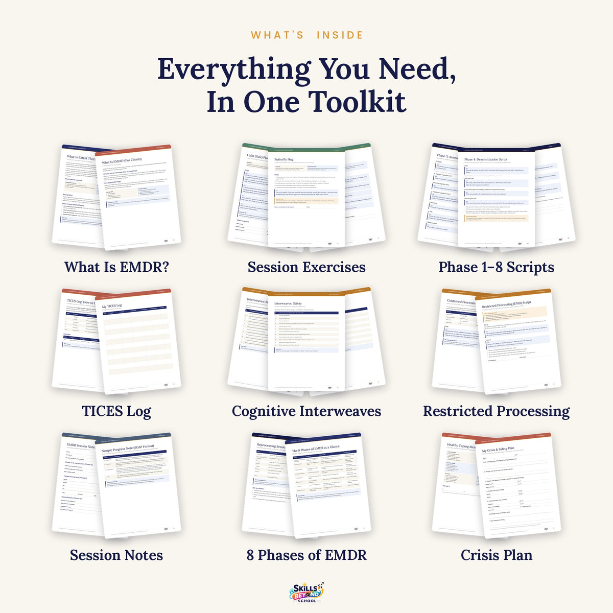 What's inside the EMDR toolkit: scripts, session exercises, TICES log, interweaves, session notes, crisis plan