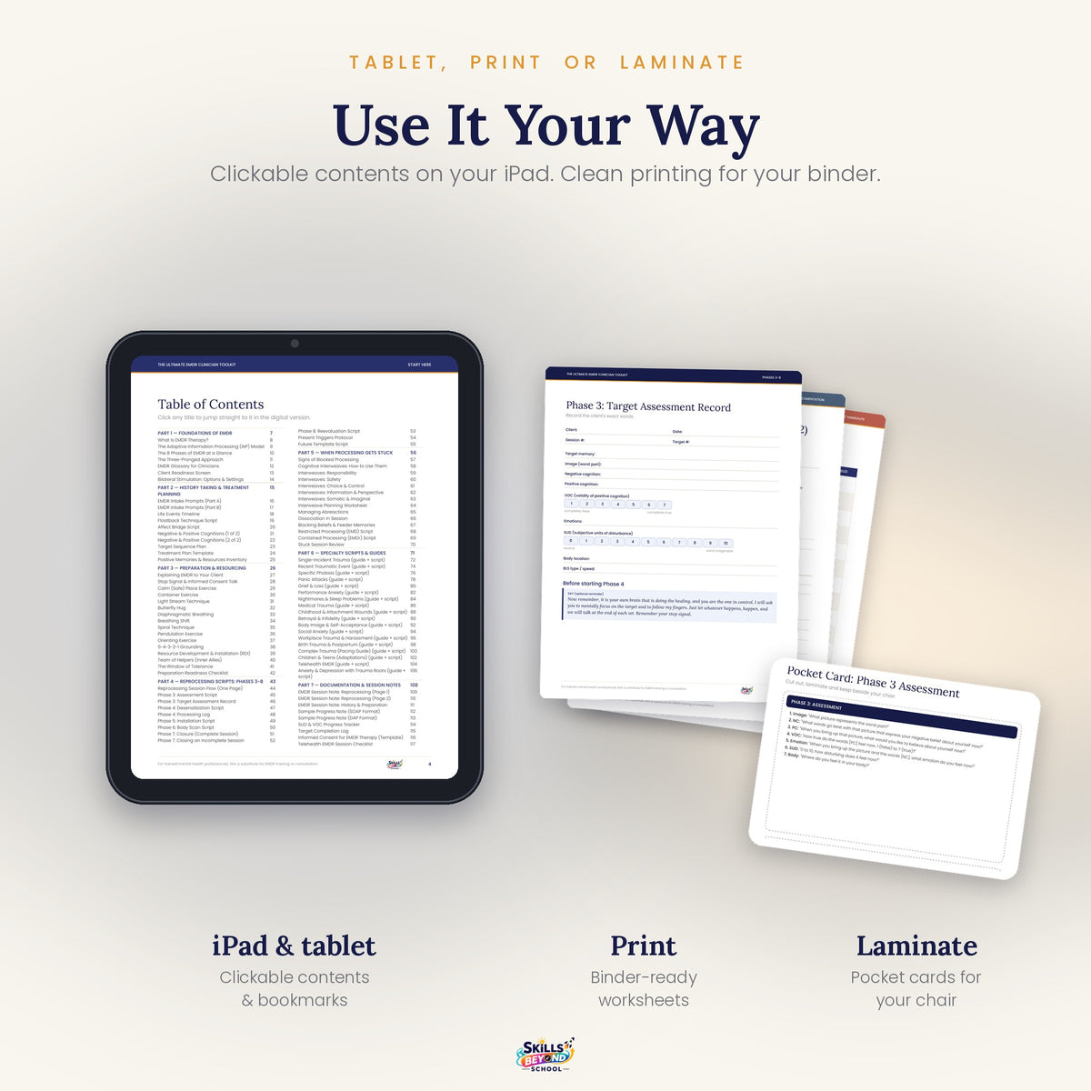 Use the EMDR toolkit on a tablet, print it or laminate the pocket cards
