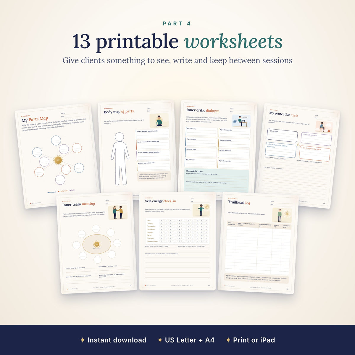 13 printable IFS worksheets: parts map, body map, inner critic dialogue