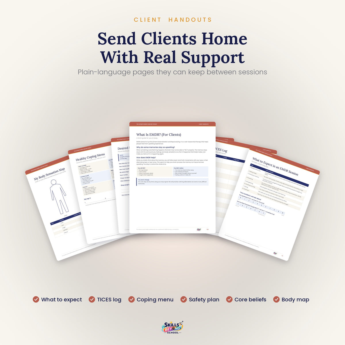 Printable EMDR client handouts: TICES log, coping menu, safety plan