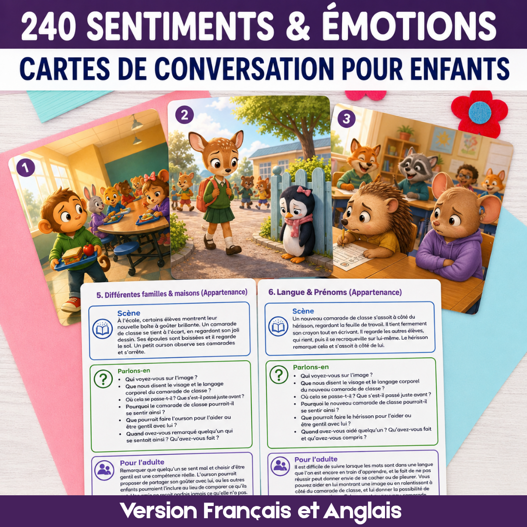 240 Conversation Cards about Feelings and Emotions for Children (English and French Version)