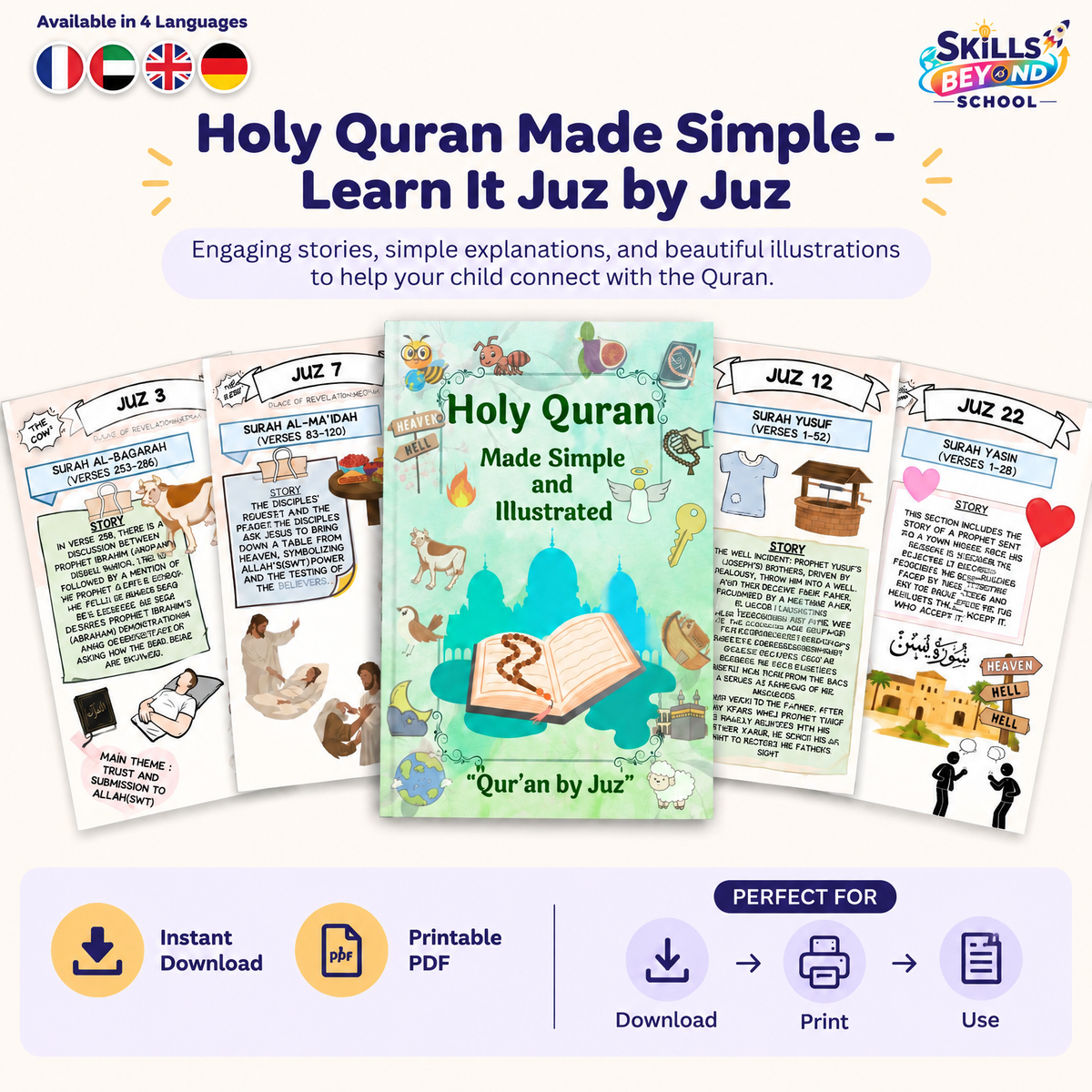 Quran Made Simple – Illustrated Quran Guide (All 30 Juz) | Printable PDF,PNG | ENGLISH - FRENCH - ARABIC - GERMANY